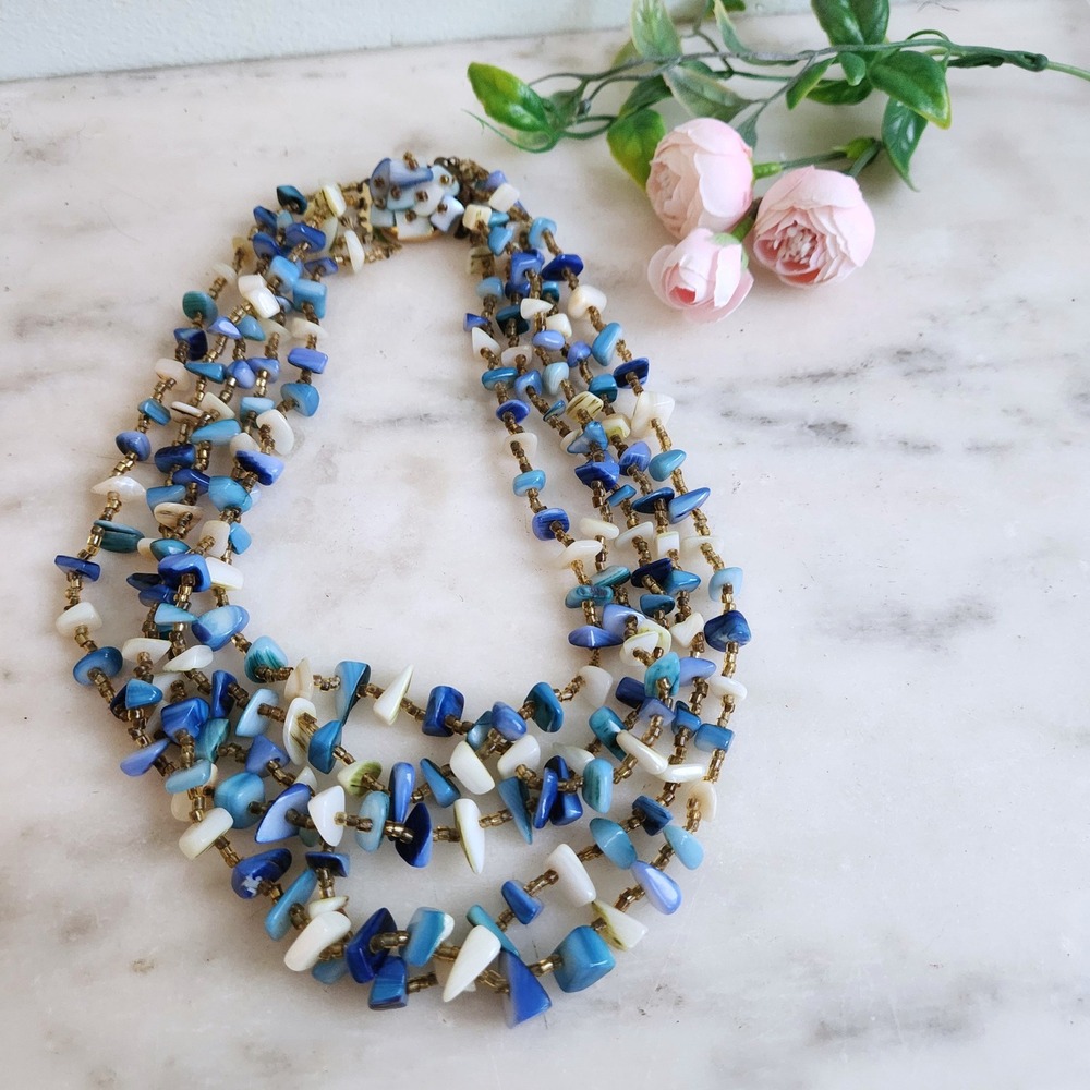 Vintage Japan Blue Shell Chip Multi Strand Bib Necklace Gold Seed Bead 5 Tier